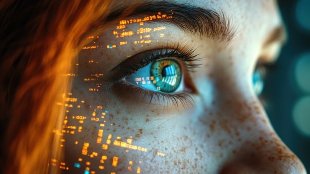 Closeup of a woman's eye with digital code overlay. photo