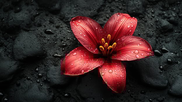 A single red lily with water droplets on its petals rests on a bed of black stones. photo