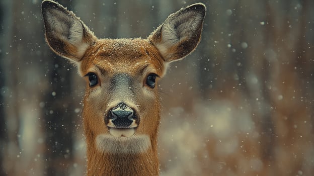 A closeup portrait of a young deer with big ears and brown fur in a snowy forest, looking directly at the camera. photo