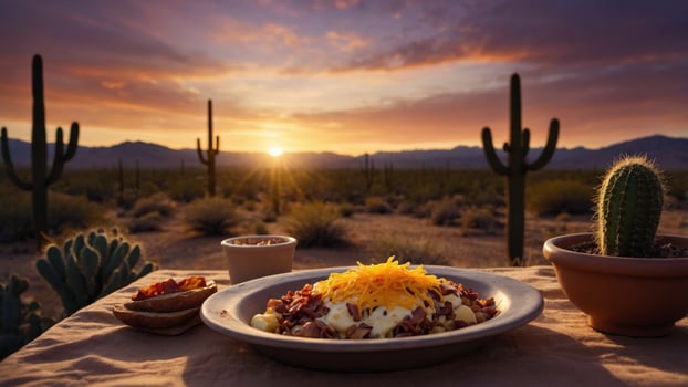 Sunset over a desert landscape featuring a plate of nachos topped with cheese and sour cream photo