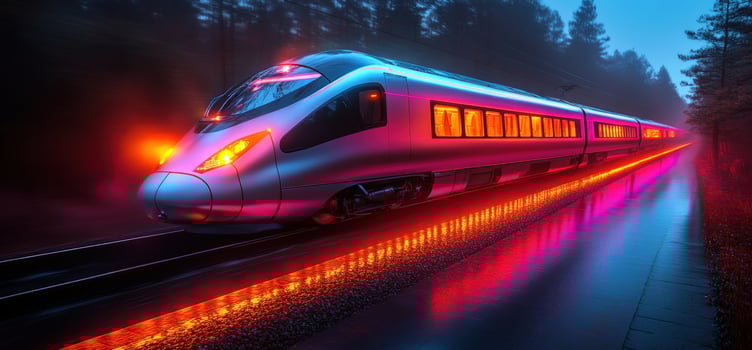 A sleek modern train speeding through a dark forest illuminated by neon lights. photo