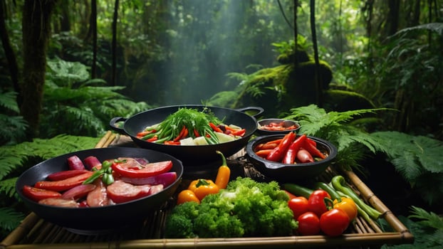 Vibrant array of fresh vegetables arranged in a rustic setting within a lush green forest photo