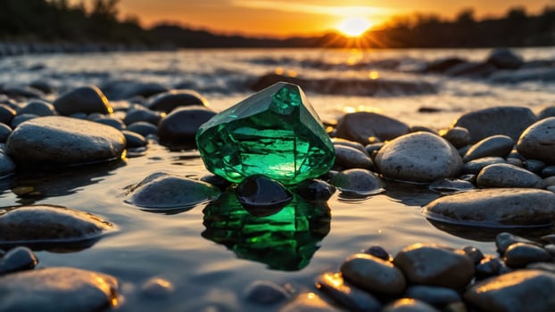 A stunning emerald gemstone resting on smooth pebbles by a tranquil river at sunset, reflecting light photo