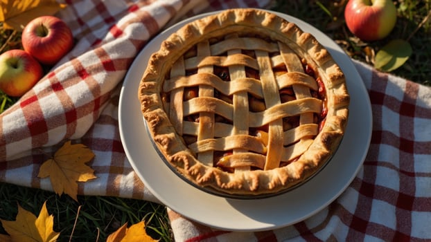Freshly baked apple pie on a picnic blanket surrounded by apples and autumn leaves in a sunny park photo