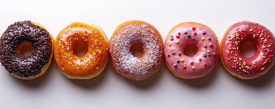 Five donuts with different toppings arranged in a row on a white background. photo