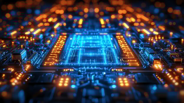 Abstract futuristic circuit board with glowing blue and orange lights. photo