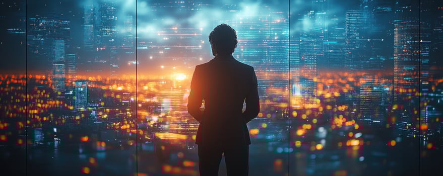 A silhouette of a person standing in front of a window looking out at a cityscape at night. photo