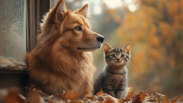 A golden dog and a tabby kitten sit sidebyside near a window, looking out at a blur of fall colors. photo