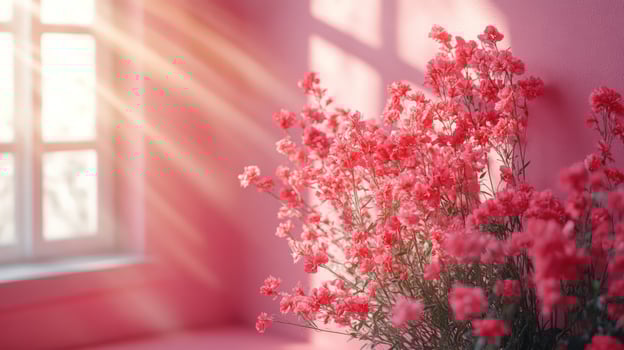 Pink flowers in a vase on a pink wall with sunlight streaming through a window. photo