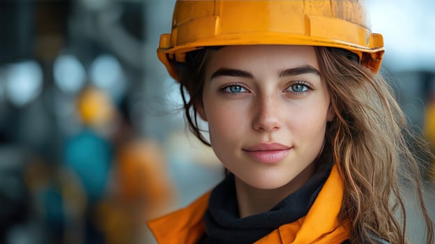 A young woman construction worker wearing a hard hat and safety vest looks directly at the camera. photo