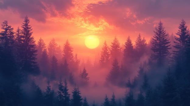 A vibrant sunset paints the sky with hues of orange and pink as it peeks through the dense, misty forest. photo