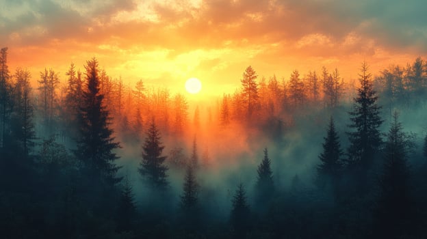 A vibrant sunset illuminates a misty forest with tall pine trees, casting long shadows and creating a serene atmosphere. photo