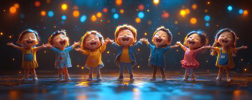 Seven happy kids are standing in a row, arms outstretched, on a stage, smiling and laughing with a background of warm lights. photo