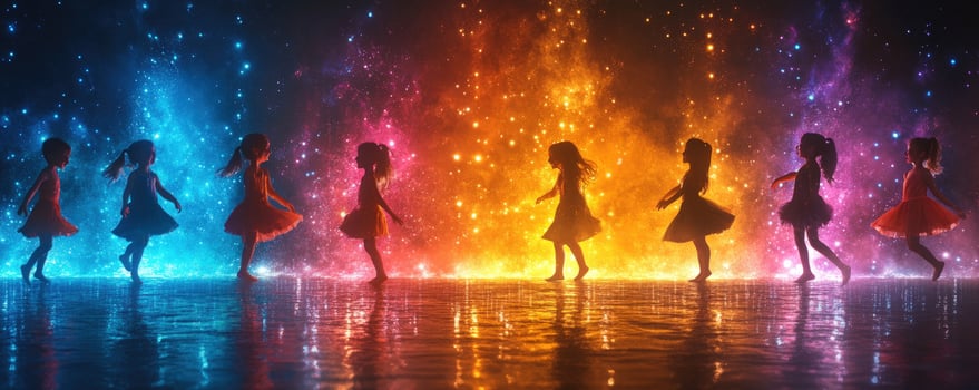 Seven girls in silhouette dancing in front of a glowing light show. photo