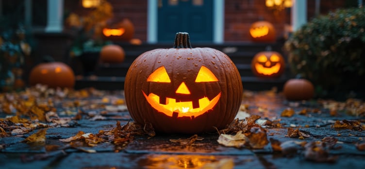 A jackolantern sits on a porch steps with fallen leaves and other pumpkins around it. photo