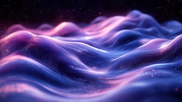 Abstract digital landscape with glowing waves and shimmering particles. photo