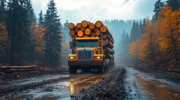 A yellow logging truck loaded with logs drives on a muddy road through a forest. photo