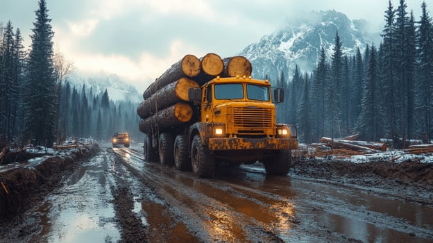 A yellow logging truck drives on a muddy road through a snowy forest with mountains in the background. photo