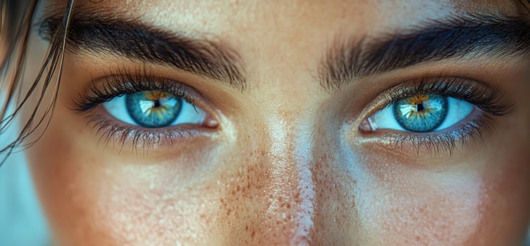 Closeup of a woman's blue eyes with freckles and thick eyebrows. photo