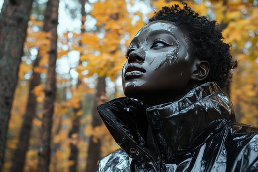 A young woman with dark skin and a shiny, reflective face stands in a forest with tall trees and yellow leaves, looking up and slightly to the right. photo
