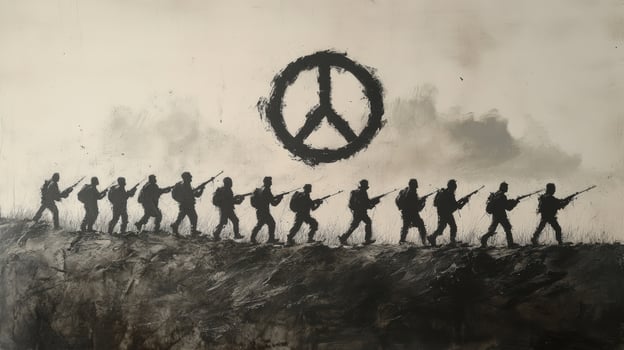 Silhouettes of soldiers marching in a line with a peace sign in the background. photo