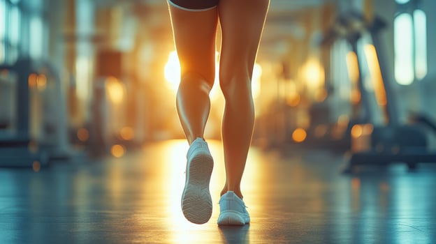 Woman's legs walking in a gym with a sunset in the background. photo