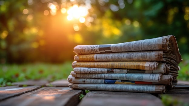 A stack of newspapers on a wooden table with a blurred background of grass and a sunset. photo