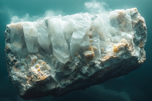 A large, white, quartz crystal cluster embedded in a lightcolored rock, submerged in a still body of clear water. photo