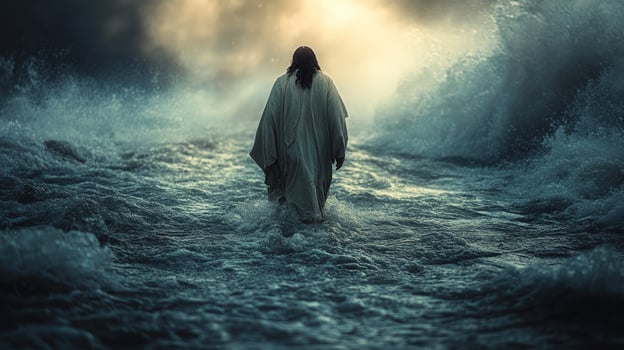 A man in a white robe walks on a stormy sea with a glowing light in the distance. photo