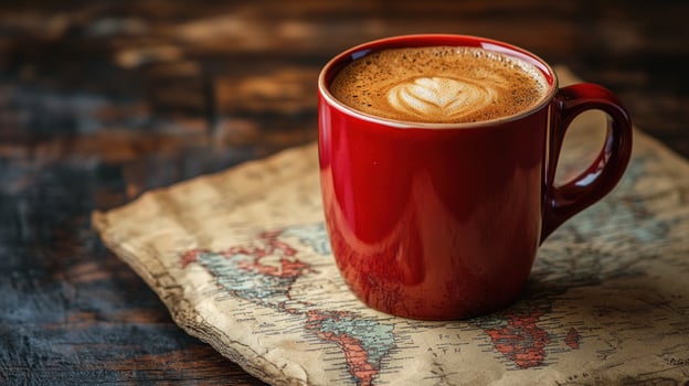 A red mug of coffee with latte art sits on an old world map, ready for a travel adventure. photo