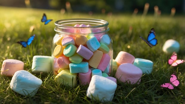 Colorful jar filled with marshmallows surrounded by butterflies in a sunny green field photo