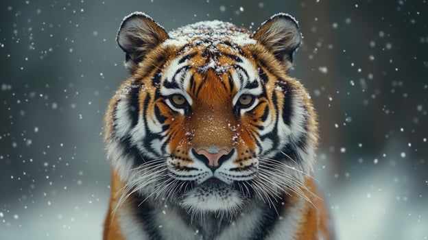 A Siberian tiger stares intently at the camera as snowflakes fall around it. photo