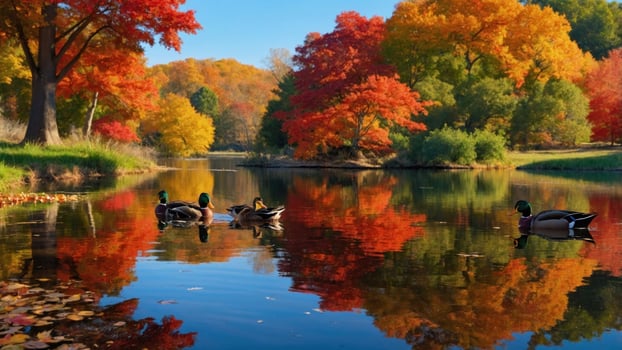 Vibrant autumn scene with ducks swimming in a serene lake surrounded by colorful trees and foliage photo