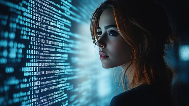 A young woman stands in front of a screen filled with code, her expression thoughtful as she contemplates the lines of code. photo