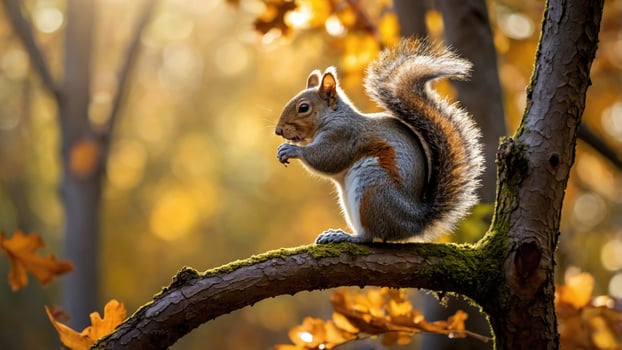 Squirrel perched on a branch in a sunlit forest, surrounded by autumn foliage, enjoying a snack photo