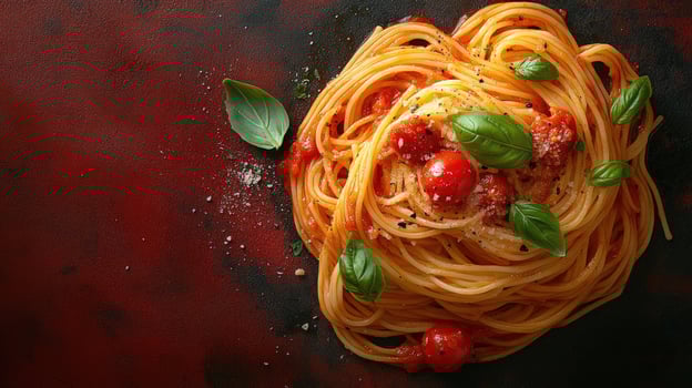 A plate of spaghetti with tomato sauce, cherry tomatoes, basil, and black pepper on a dark background. photo