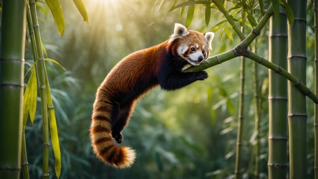 Playful red panda hanging from bamboo in a lush green forest, sunlight filtering through leaves photo