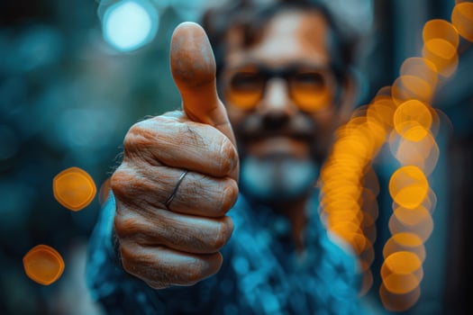 Closeup of a man's hand giving a thumbs up, with blurred background and warm bokeh. photo
