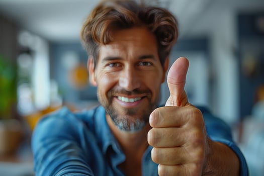 A happy man in a blue shirt gives a thumbs up. photo