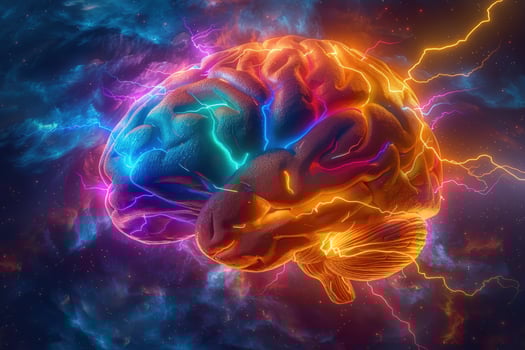 A vibrant human brain with glowing energy bolts, representing mental power and cognitive function. photo