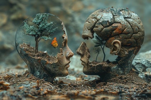 Two broken human heads with growing trees and butterflies inside, symbolizing nature's resilience and hope for a better future. photo