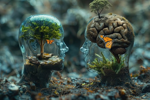 Two glass heads, one with a tree growing inside and one with a brain and a butterfly, facing each other. photo
