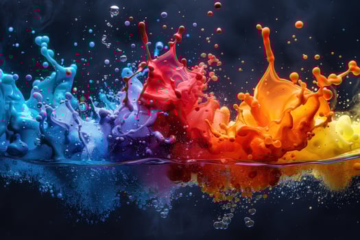 A splash of color in a dark background with vibrant colors of blue, purple, red, orange, and yellow creating a dramatic and artistic composition. photo