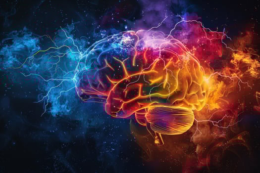 A human brain illustration with vibrant colors and lightning bolts, representing a powerful mind. photo