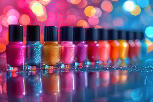Row of colorful nail polish bottles with glitter and a blurred bokeh background. photo