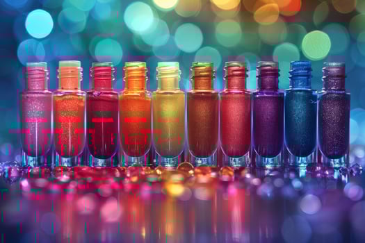A row of ten colorful nail polish bottles with a blurred background of twinkling lights. photo