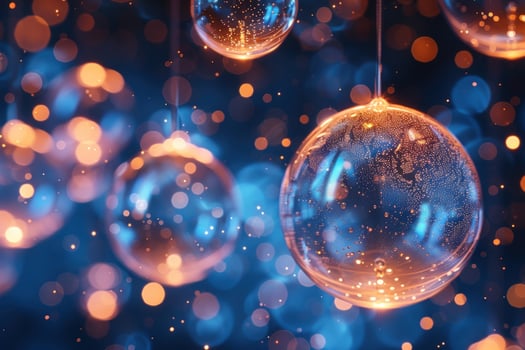 Abstract background with glowing glass balls and bokeh lights. photo