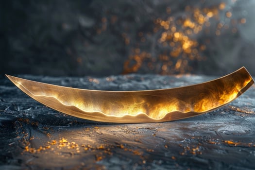A golden sword with a fiery glow, lying on a dark textured surface. photo