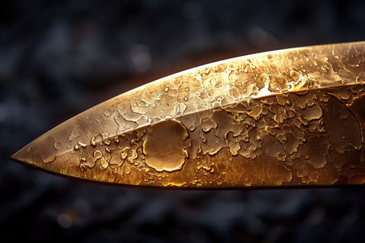 A closeup of a wet, goldcolored knife blade. photo