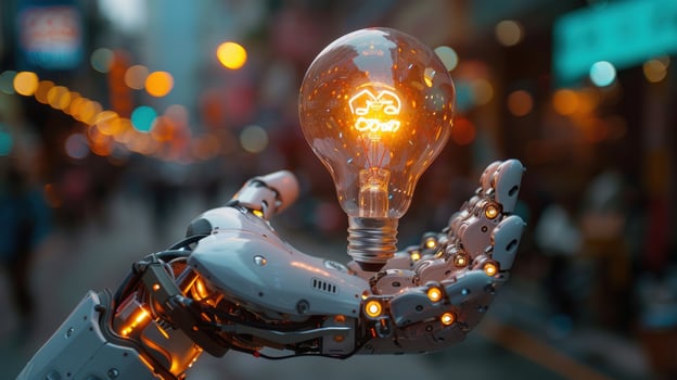 A robotic hand holds a glowing light bulb in a city setting, symbolizing innovation and technological advancement. photo